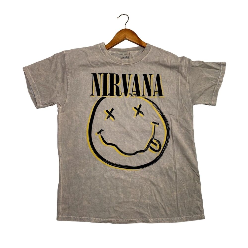 Nirvana Nevermind Smiley Short Sleeve Unisex Band T Shirt Crew Neck XL Brown